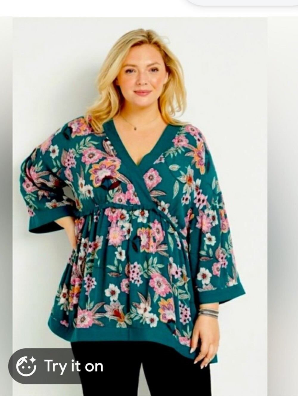 Maurices Teal Floral Wrap Blouse with Pink and Yellow